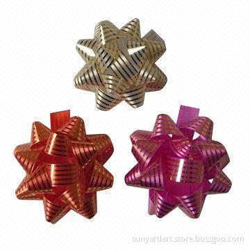 PP gift ribbon bow with gold lines, measures 10mm x 2 inch x 15 loops